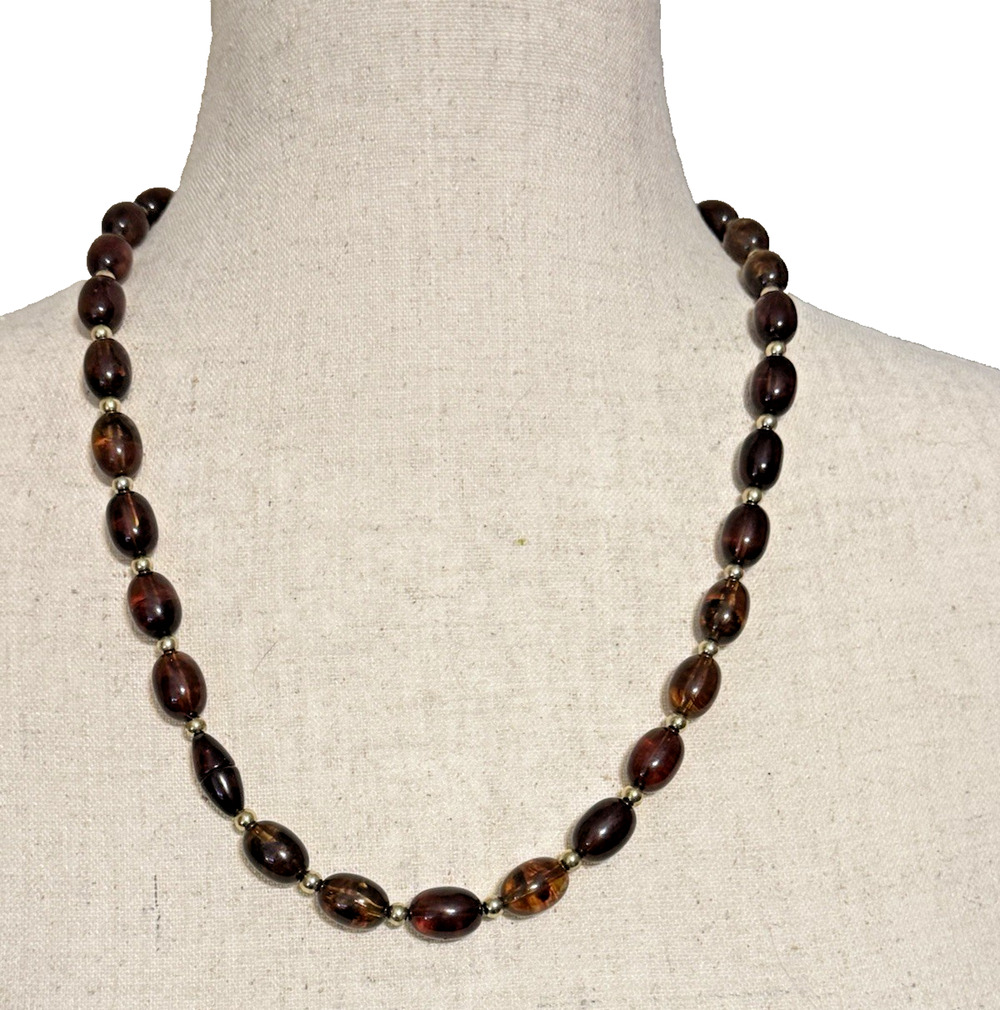 Midcentury Germany Imitation Amber Lucite Gold Bead Necklace 23" Hidden Clasp